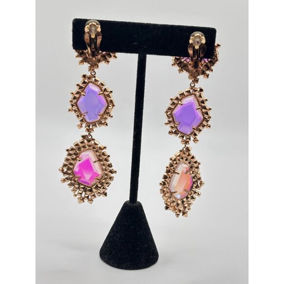 Kendra Scott Crystal Iridescent Gold Triple Drop Clip On Earrings - Picture 6 of 8